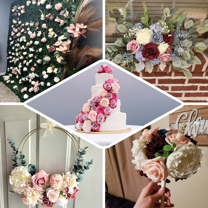 Assorted color artificial flower arrangements featuring roses, peonies, and hydrangeas.