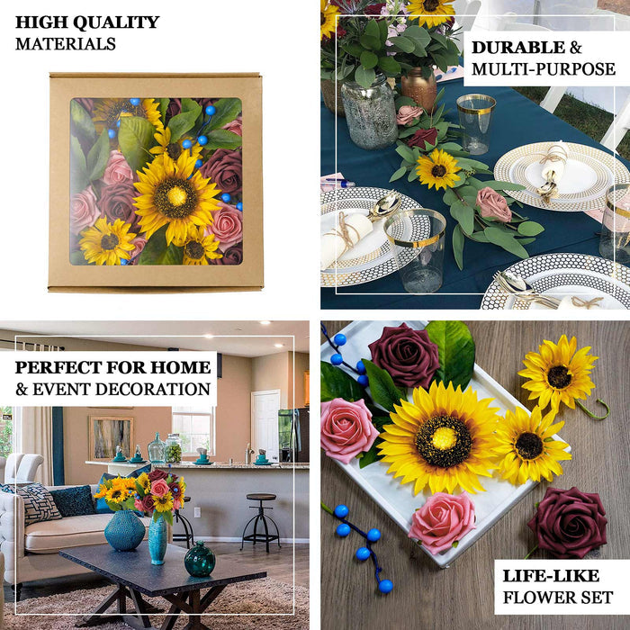 Burgundy and pink artificial flower mix with sunflowers and blueberries.