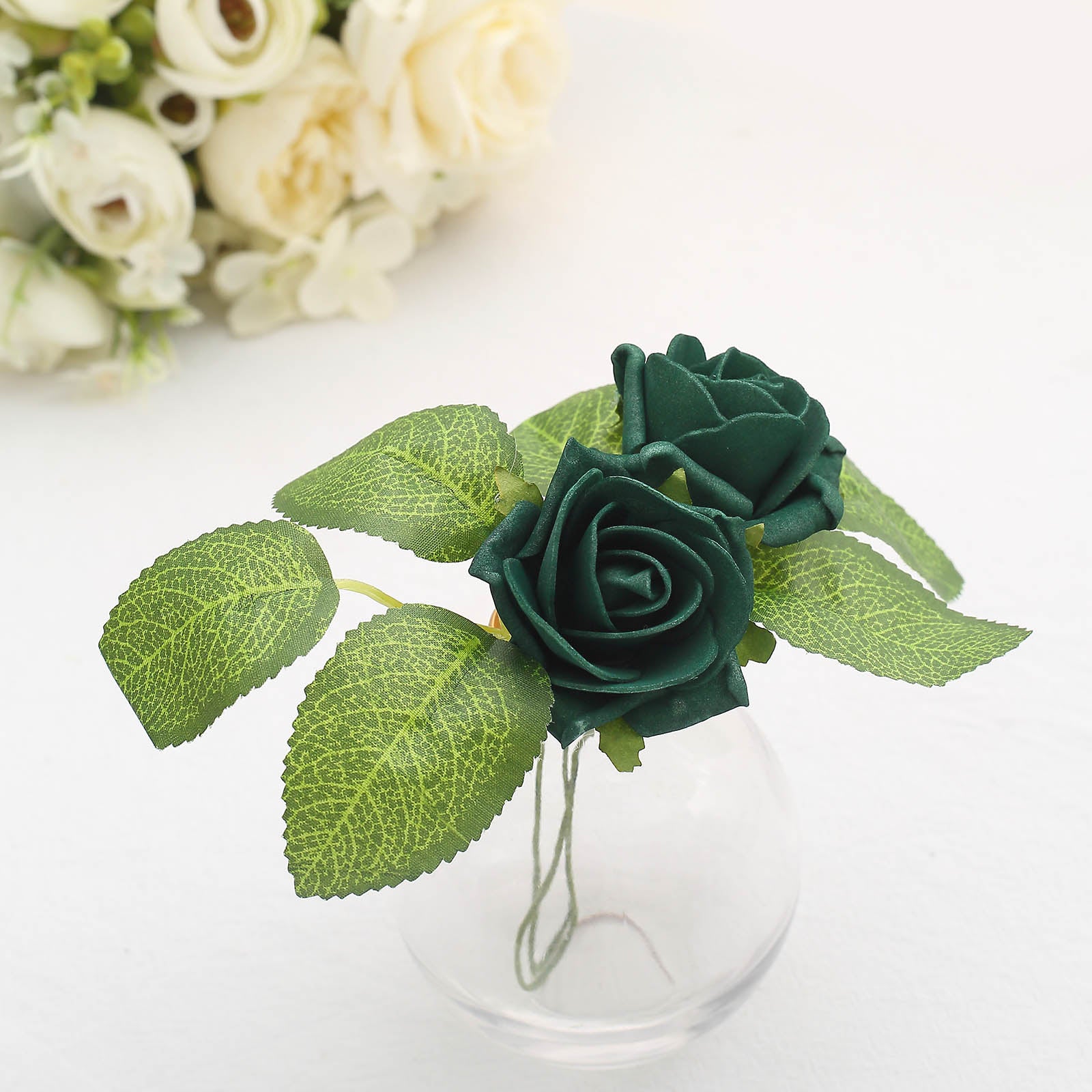 24 Roses | 2" Hunter Emerald Green Artificial Foam Flowers With Stem Wire and Leaves