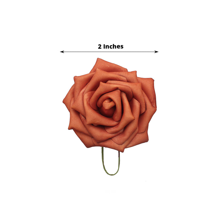 24 Roses 2" Terracotta (Rust) Artificial Foam Flowers With Stem Wire and Leaves