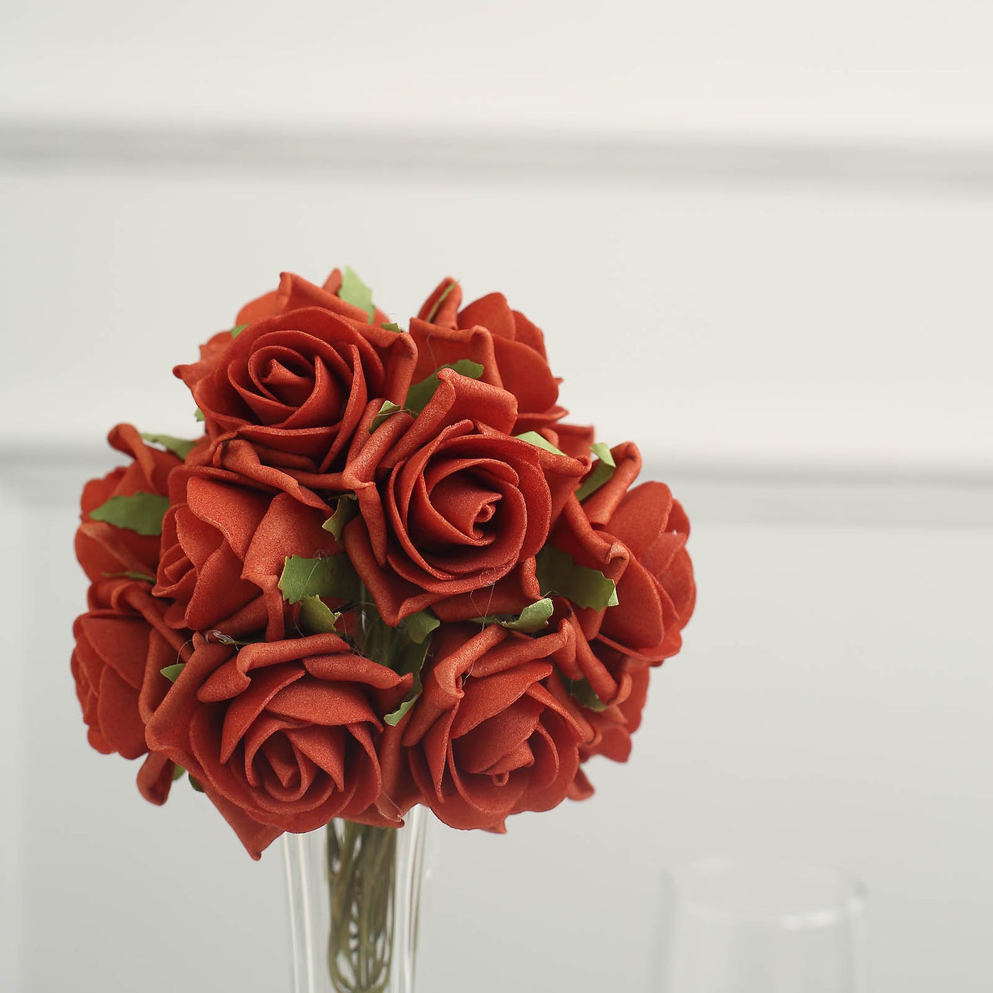 24 Roses 2" Terracotta (Rust) Artificial Foam Flowers With Stem Wire and Leaves