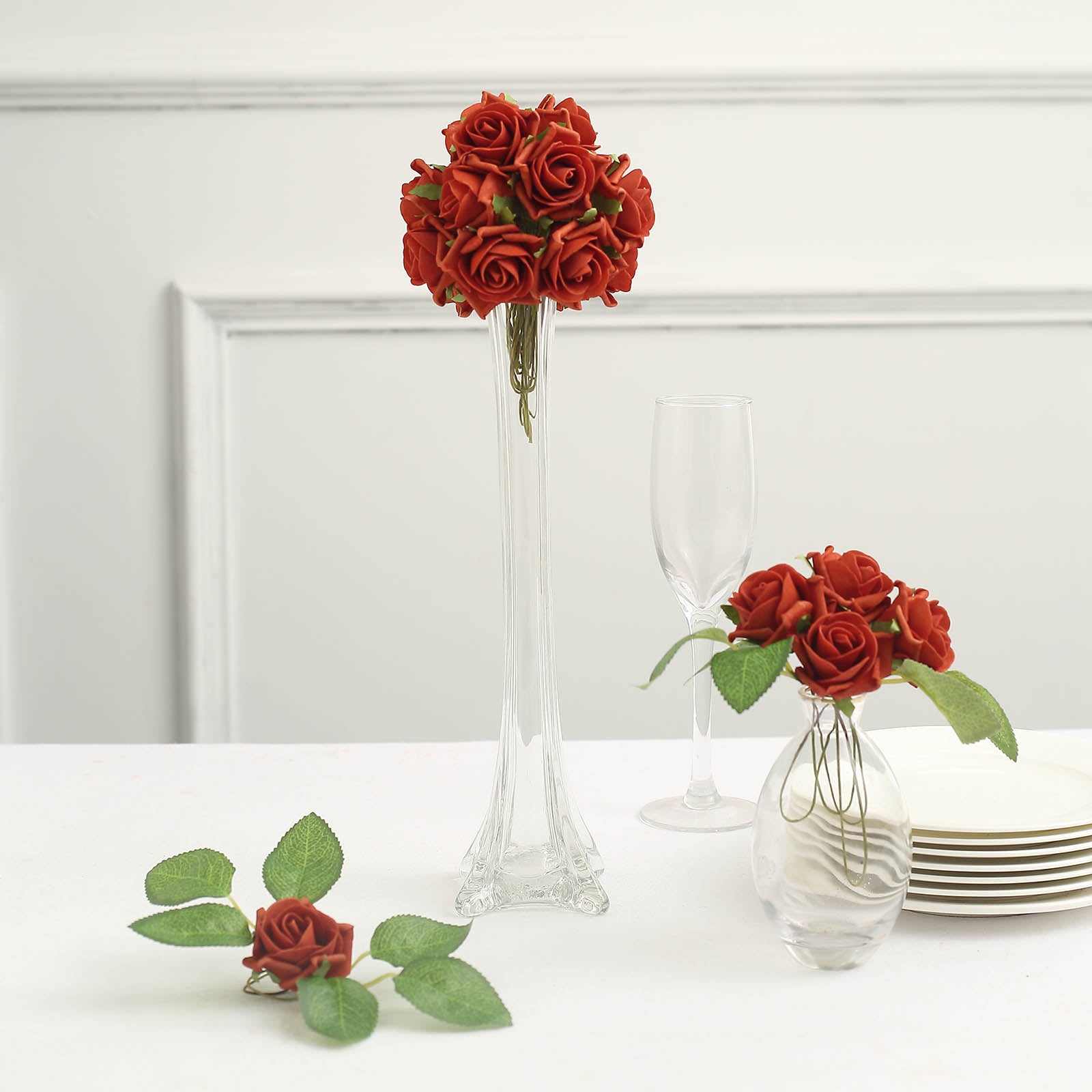 24 Roses 2" Terracotta (Rust) Artificial Foam Flowers With Stem Wire and Leaves