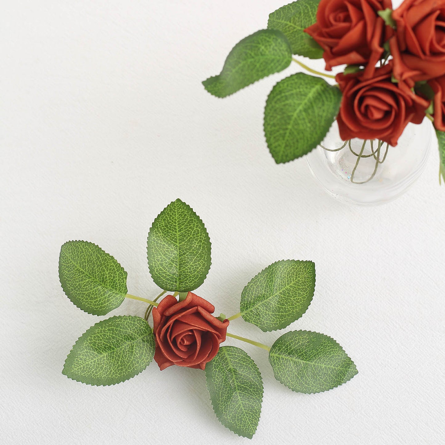 24 Roses 2" Terracotta (Rust) Artificial Foam Flowers With Stem Wire and Leaves