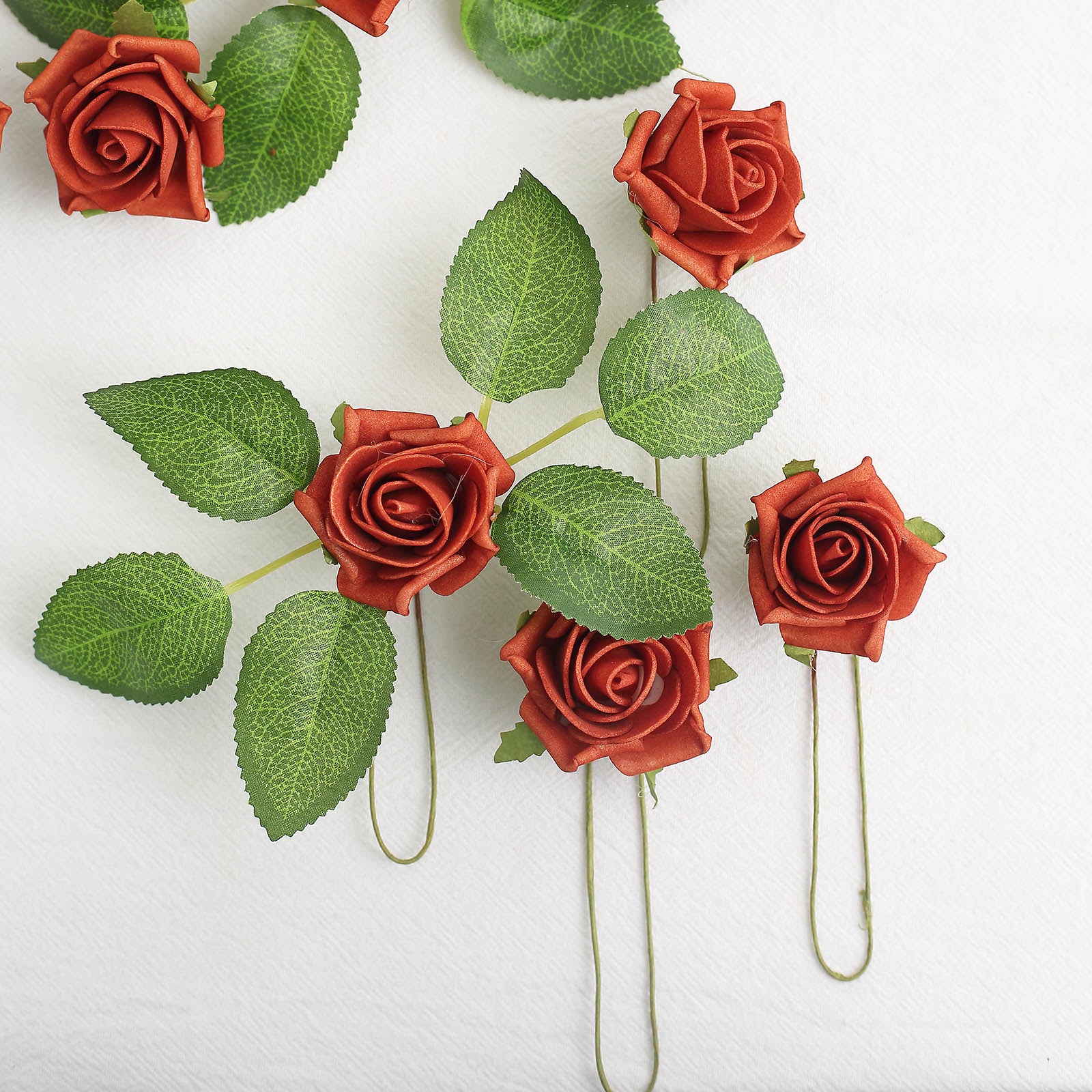 24 Roses 2" Terracotta (Rust) Artificial Foam Flowers With Stem Wire and Leaves