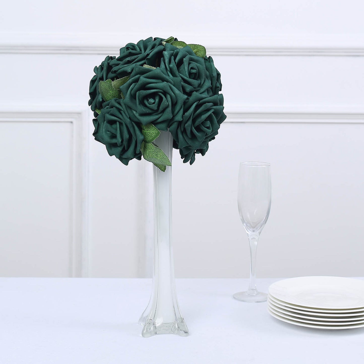 24 Roses | 5" Hunter Emerald Green Artificial Foam Flowers With Stem Wire and Leaves