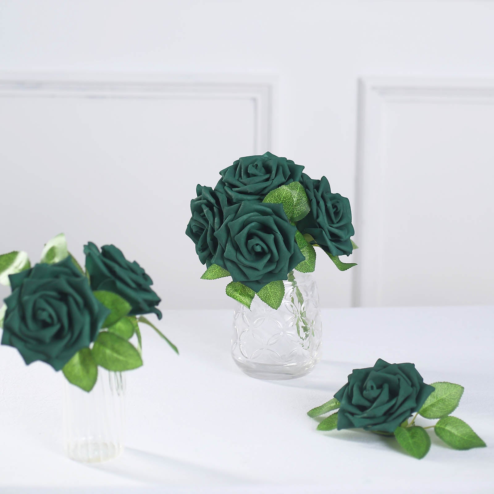 24 Roses | 5" Hunter Emerald Green Artificial Foam Flowers With Stem Wire and Leaves