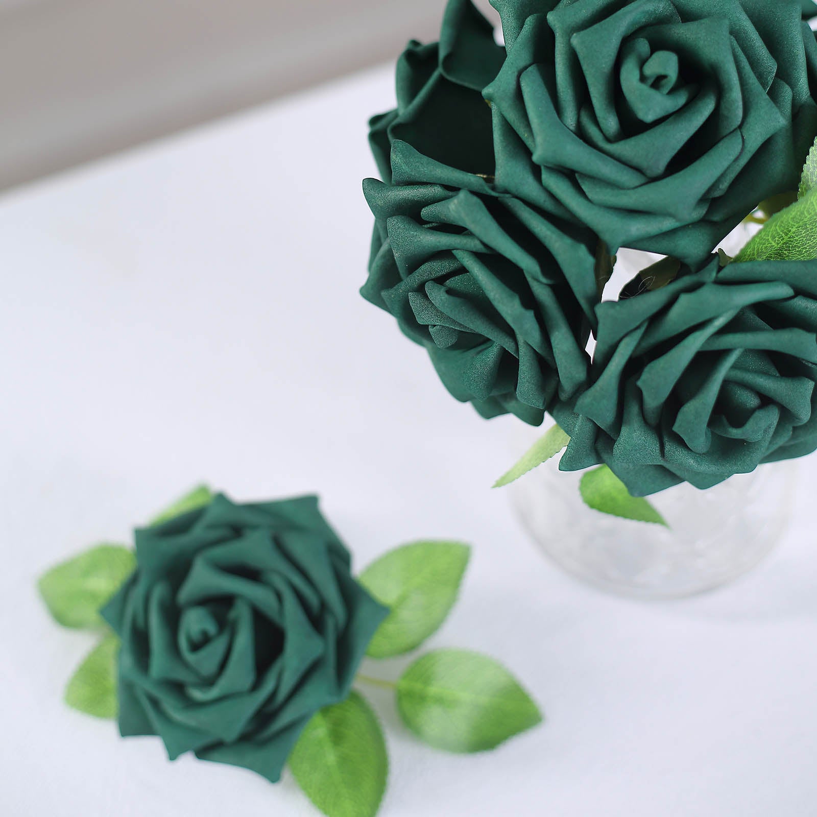 24 Roses | 5" Hunter Emerald Green Artificial Foam Flowers With Stem Wire and Leaves