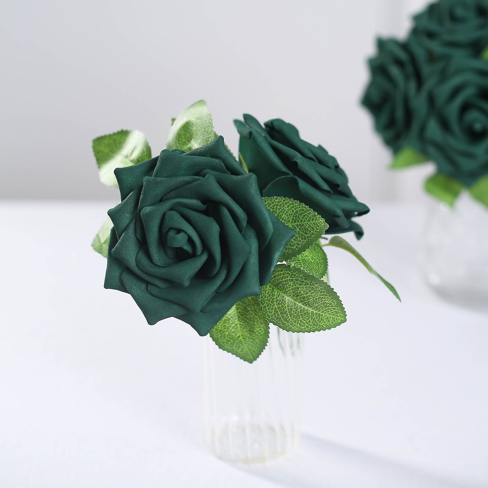 24 Roses | 5" Hunter Emerald Green Artificial Foam Flowers With Stem Wire and Leaves