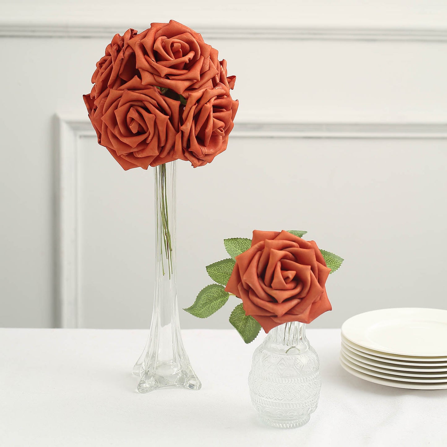 24 Roses 5" Terracotta (Rust) Artificial Foam Flowers With Stem Wire and Leaves