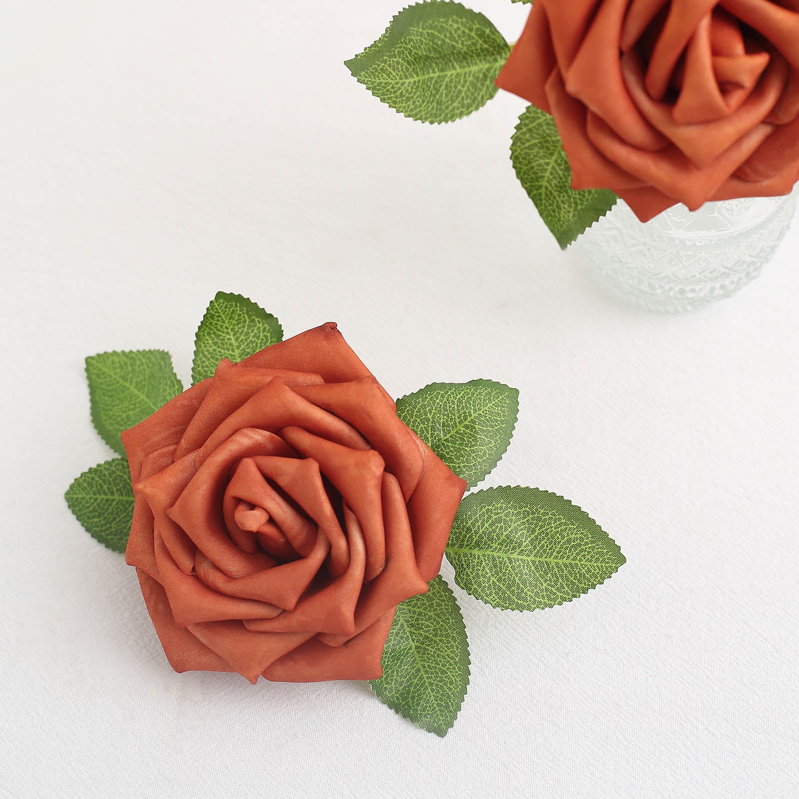 24 Roses 5" Terracotta (Rust) Artificial Foam Flowers With Stem Wire and Leaves