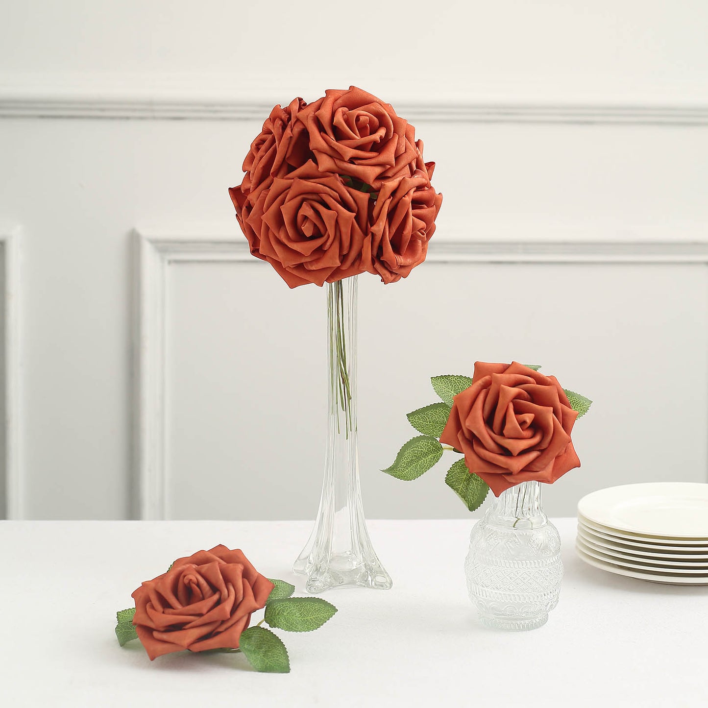 24 Roses 5" Terracotta (Rust) Artificial Foam Flowers With Stem Wire and Leaves