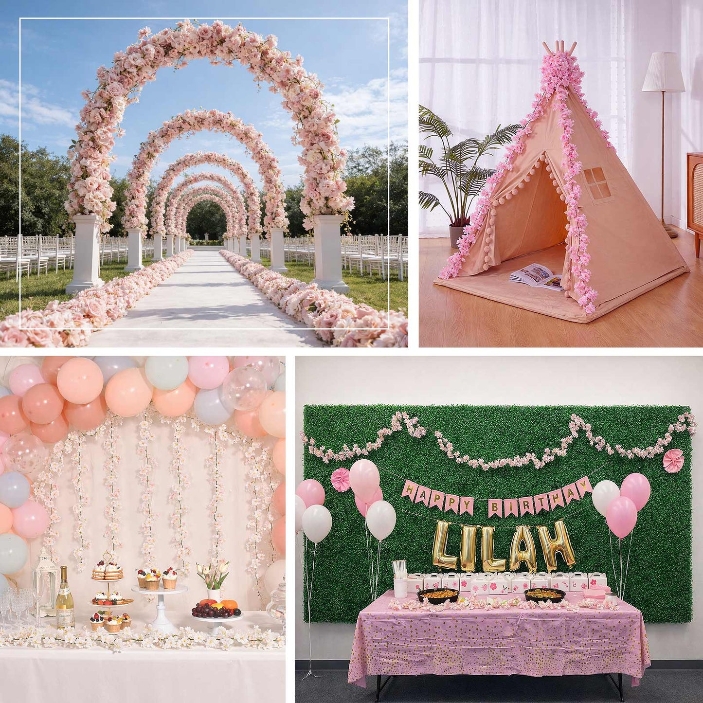 White artificial cherry blossom garland for decorative events.