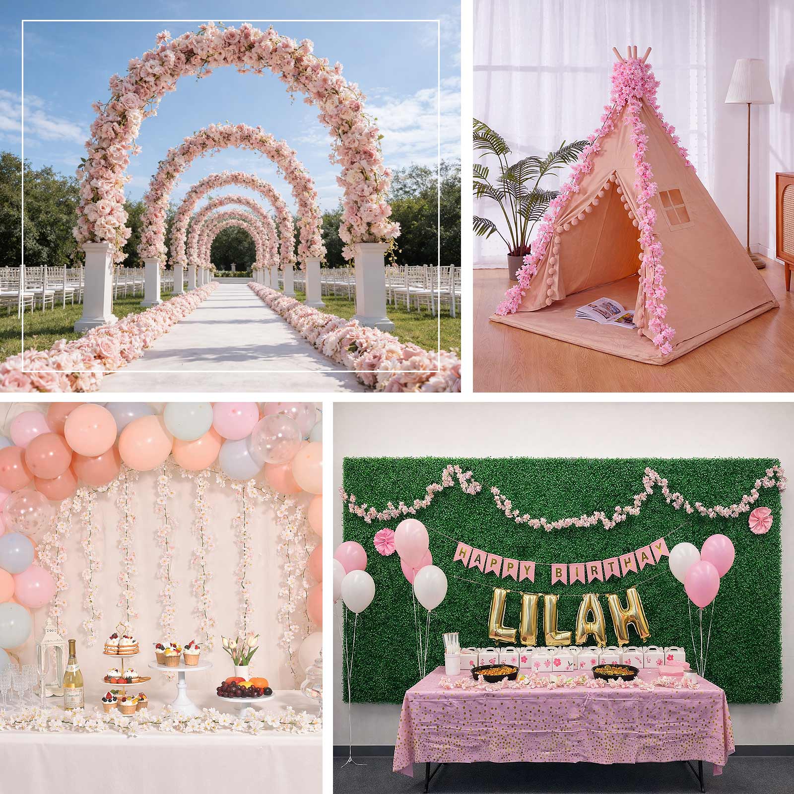 White artificial cherry blossom garland for decorative events.