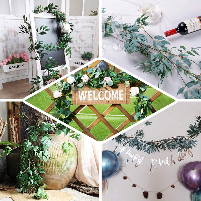 Frosted real touch artificial willow leaf garland, flexible vine, green decor.