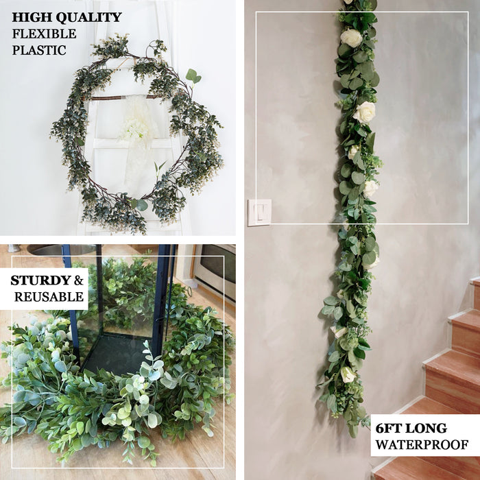 6ft | Frosted Green Artificial Eucalyptus and Boxwood Leaf Garland Vine
