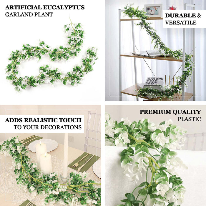 6ft White and Green Artificial Eucalyptus Leaf Garland for Home Decor