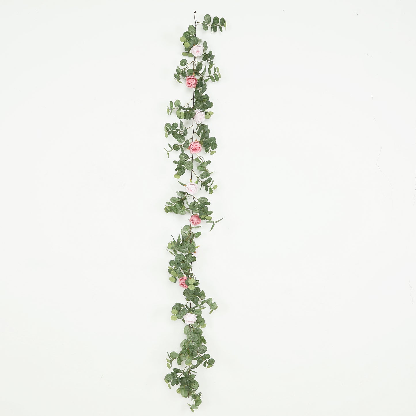 6ft artificial eucalyptus garland with blush silk roses and greenery.