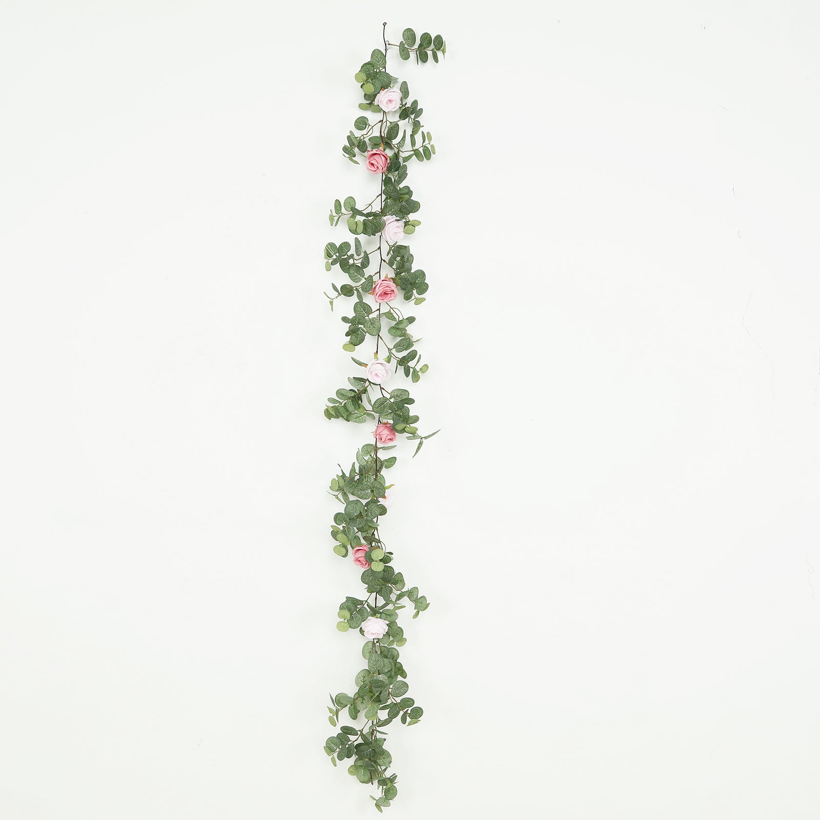 6ft artificial eucalyptus garland with blush silk roses and greenery.