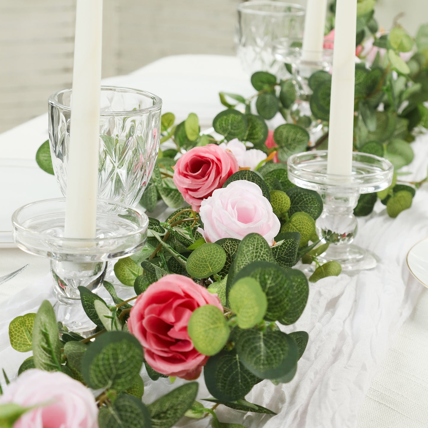 6ft artificial eucalyptus garland with blush and dusty rose roses.