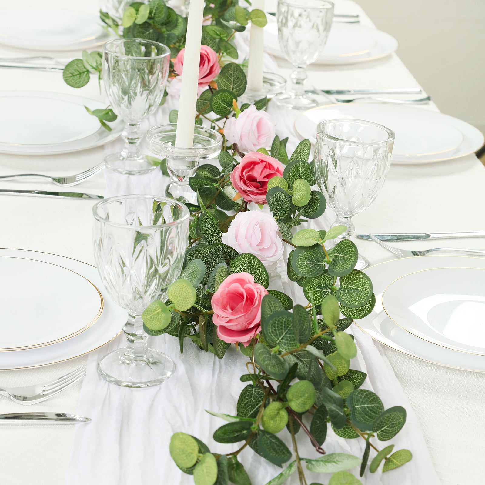 Blush and dusty rose artificial eucalyptus garland with silk roses.