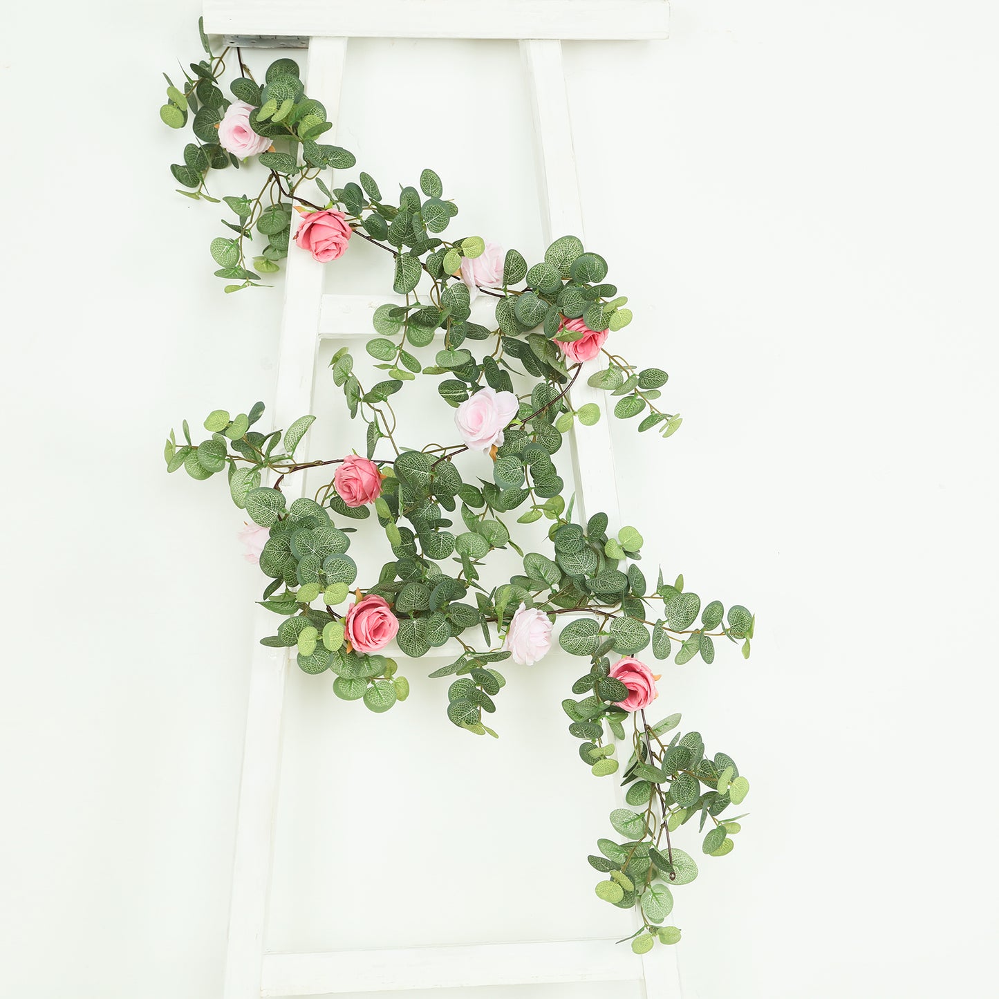 6ft artificial eucalyptus garland with blush and dusty rose silk roses.
