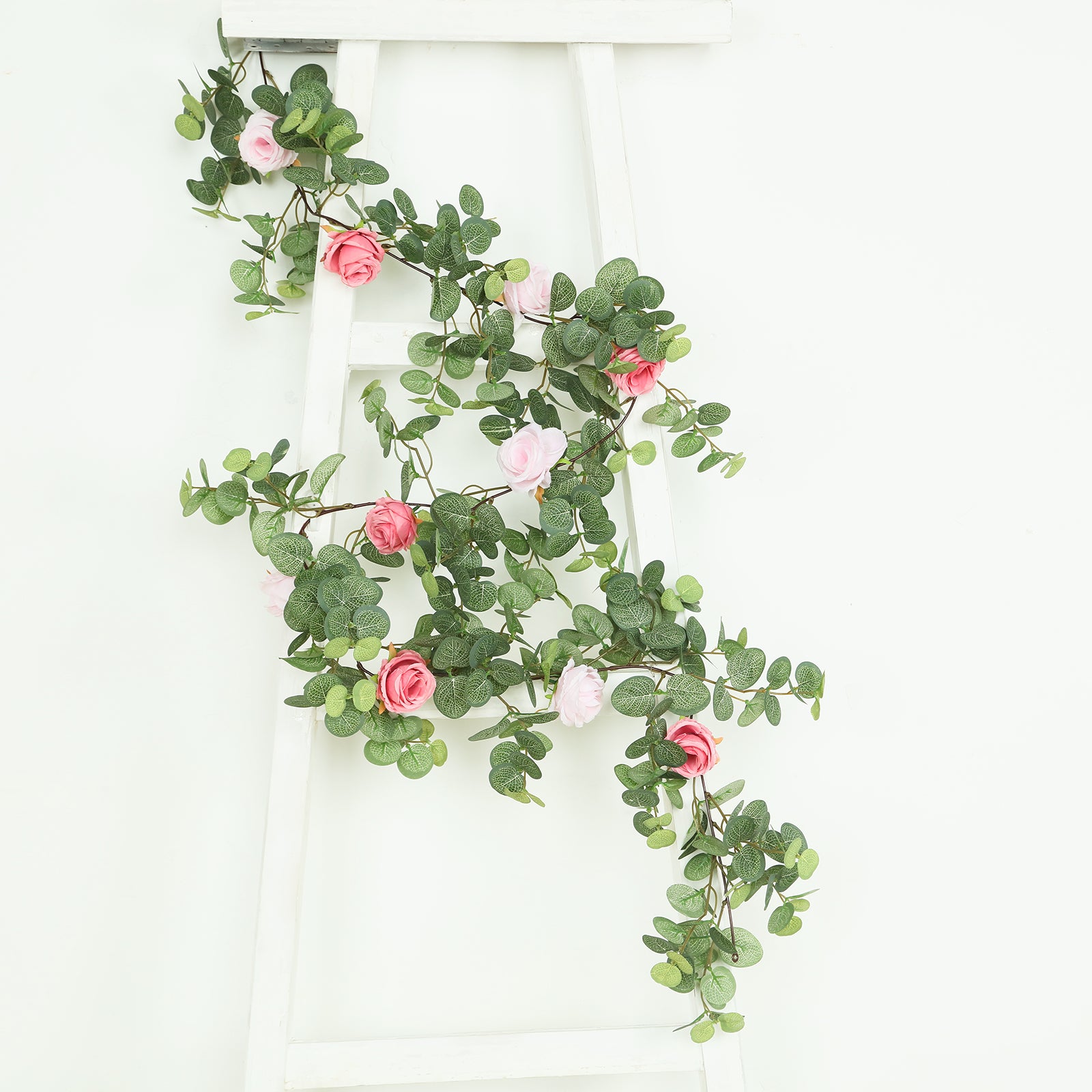 6ft artificial eucalyptus garland with blush and dusty rose silk roses.