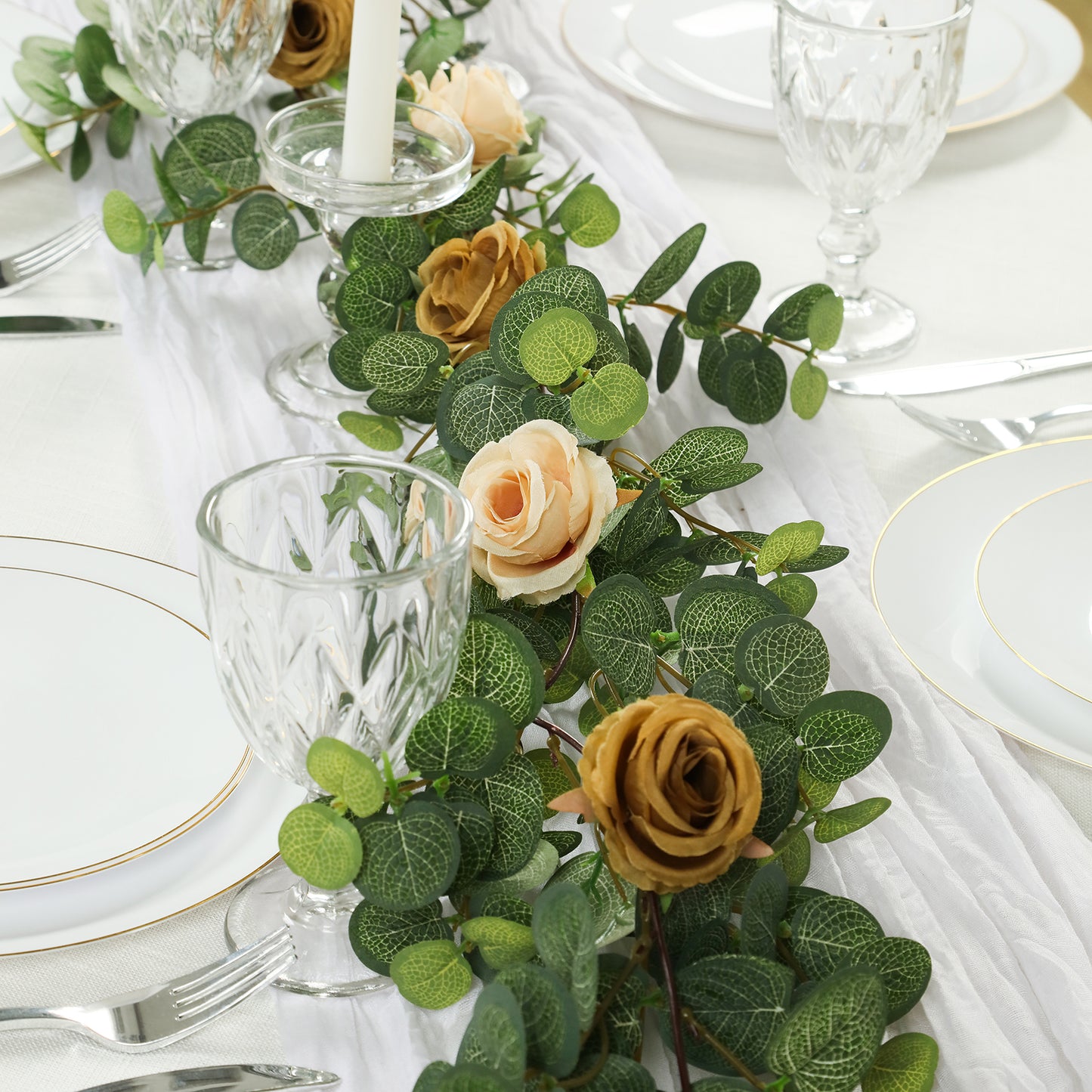 6ft artificial eucalyptus garland with cream and gold roses, faux greenery vine.
