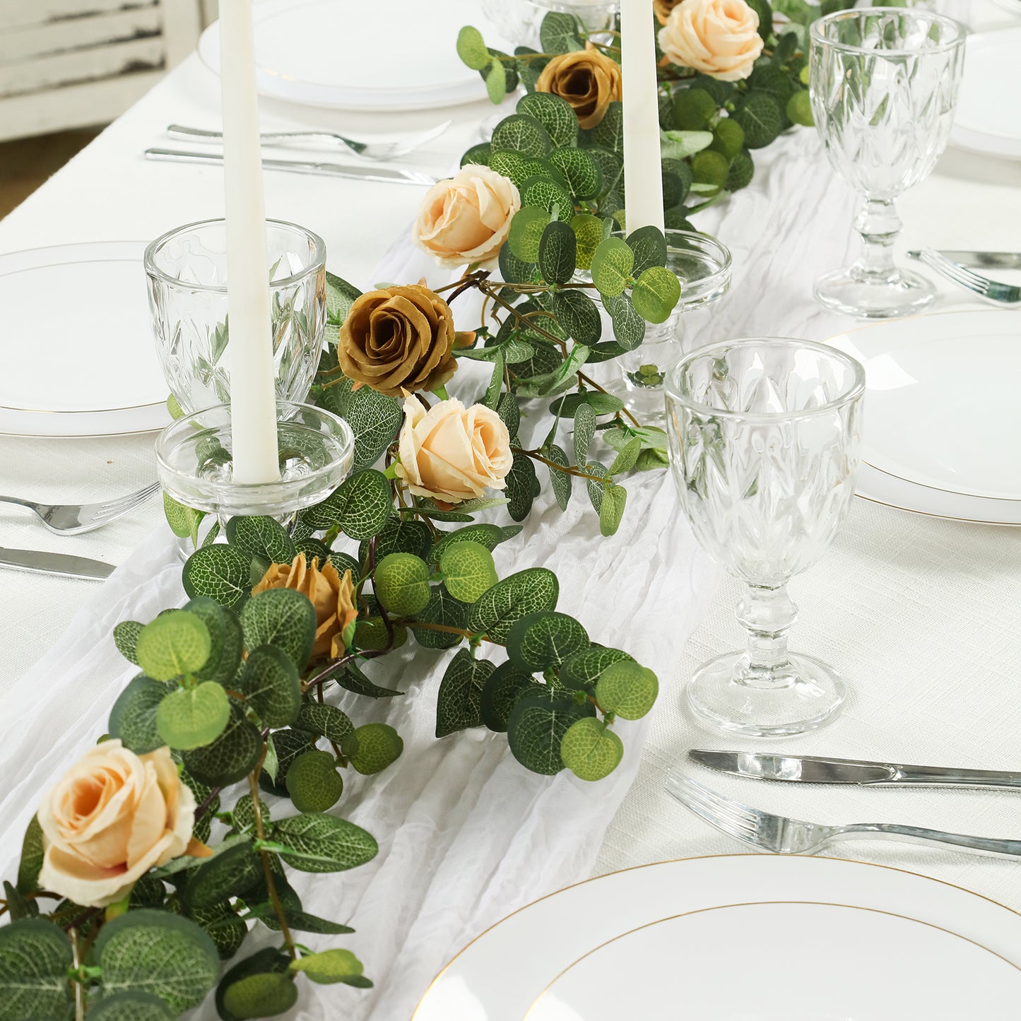 6ft artificial eucalyptus garland with cream and gold silk roses