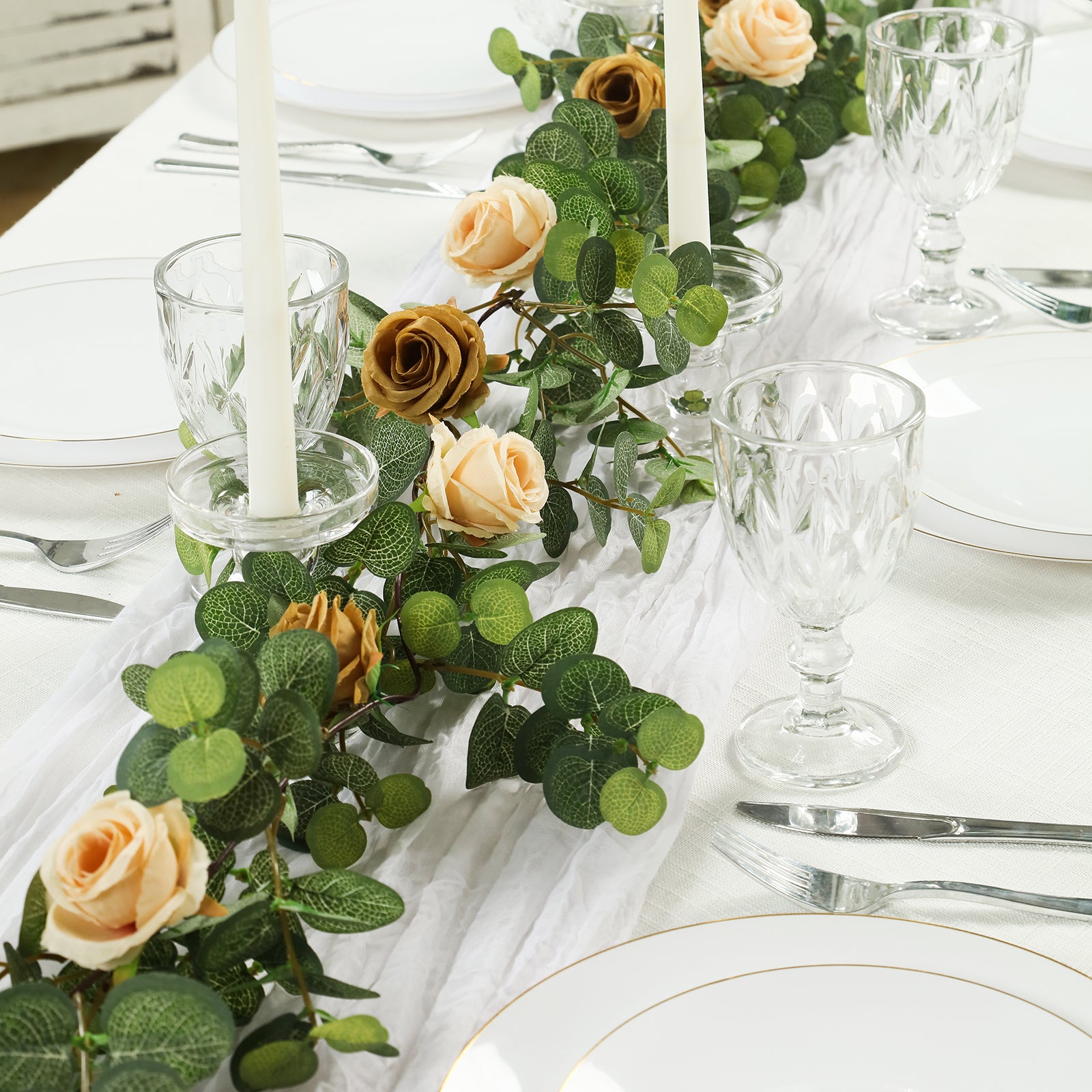 6ft artificial eucalyptus garland with cream and gold silk roses