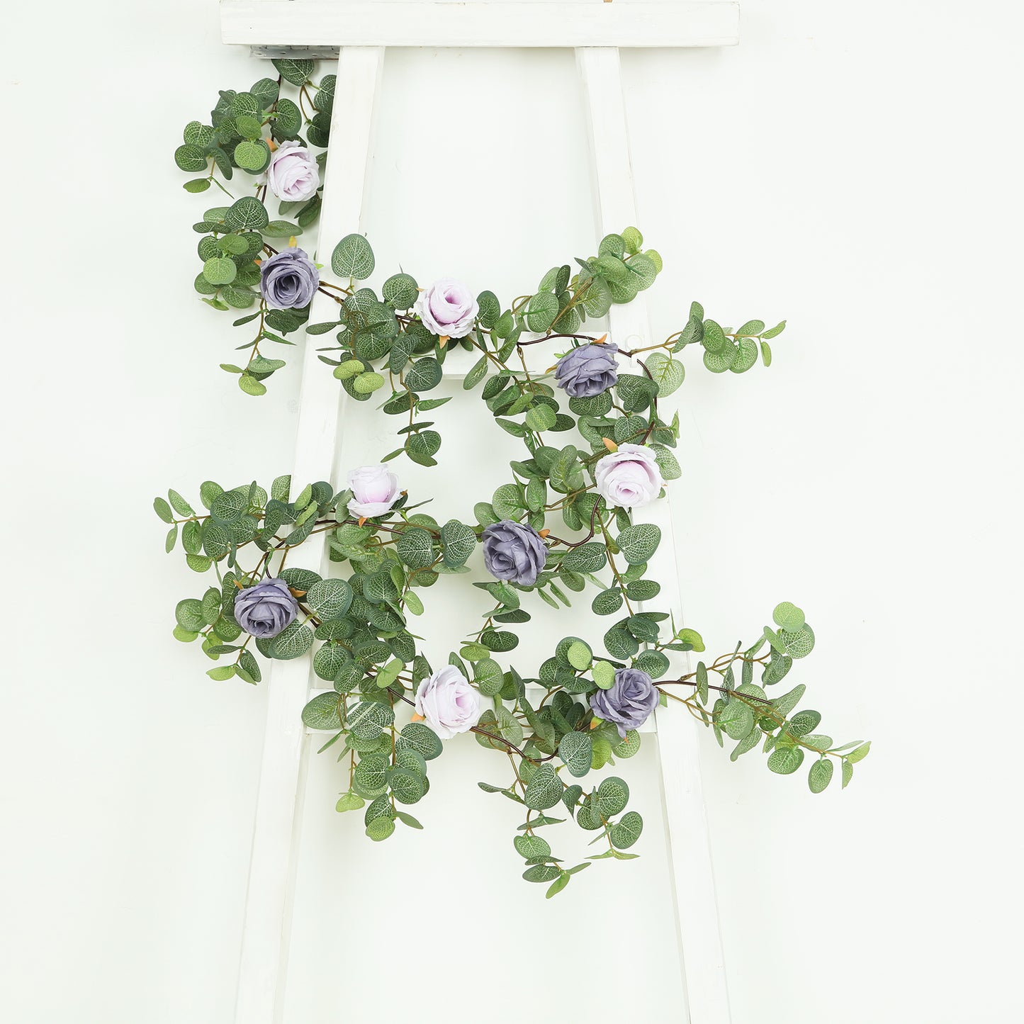 6ft artificial eucalyptus garland with lavender purple silk roses.