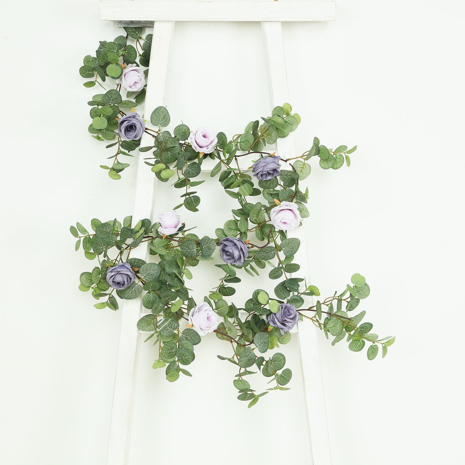 6ft artificial eucalyptus garland with lavender purple silk roses.