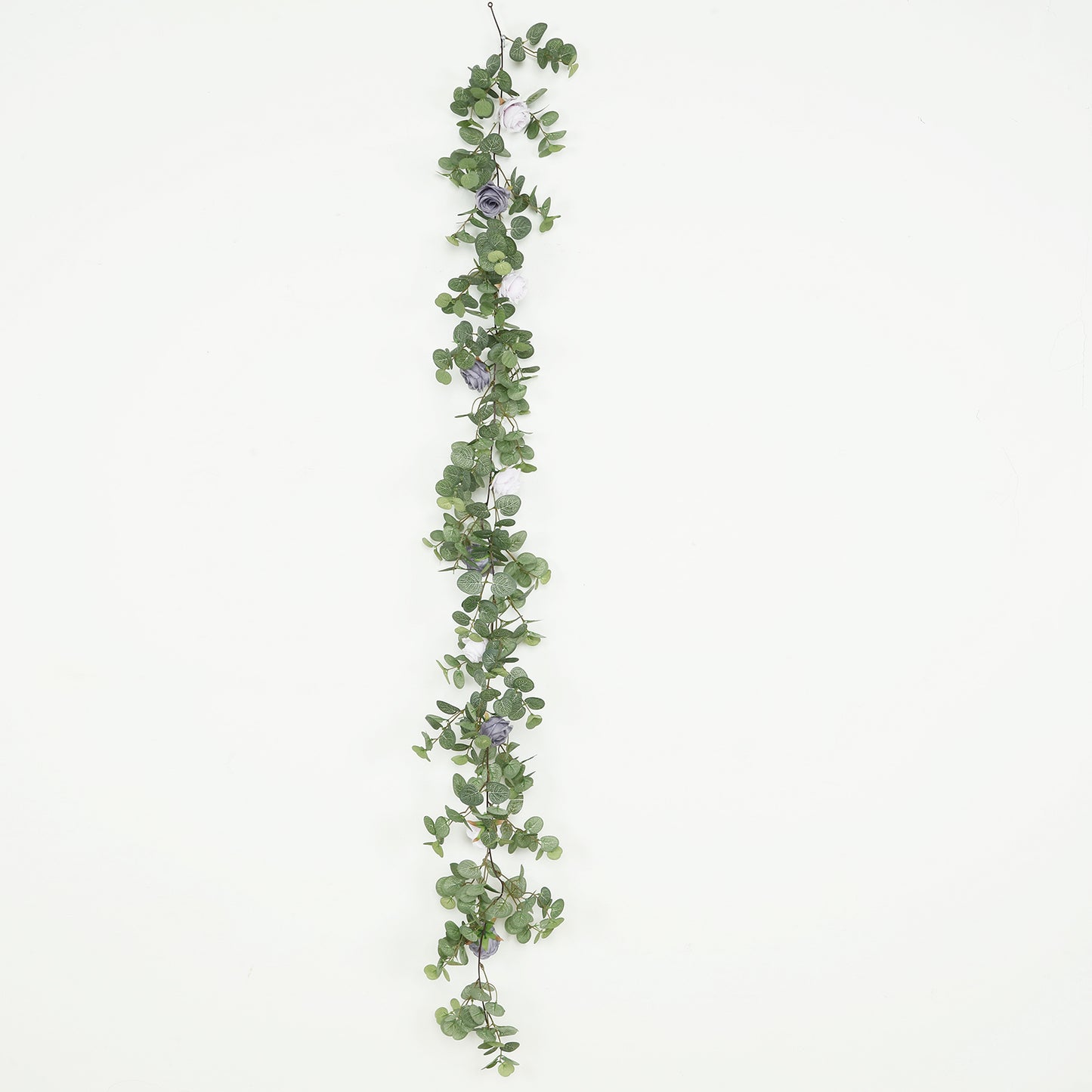 6ft artificial eucalyptus garland with lavender silk roses and greenery.