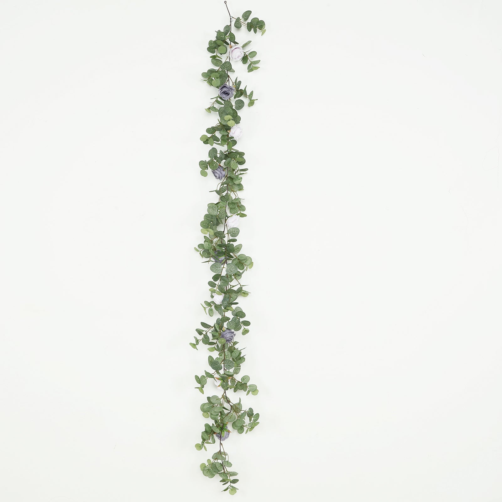 6ft artificial eucalyptus garland with lavender silk roses and greenery.