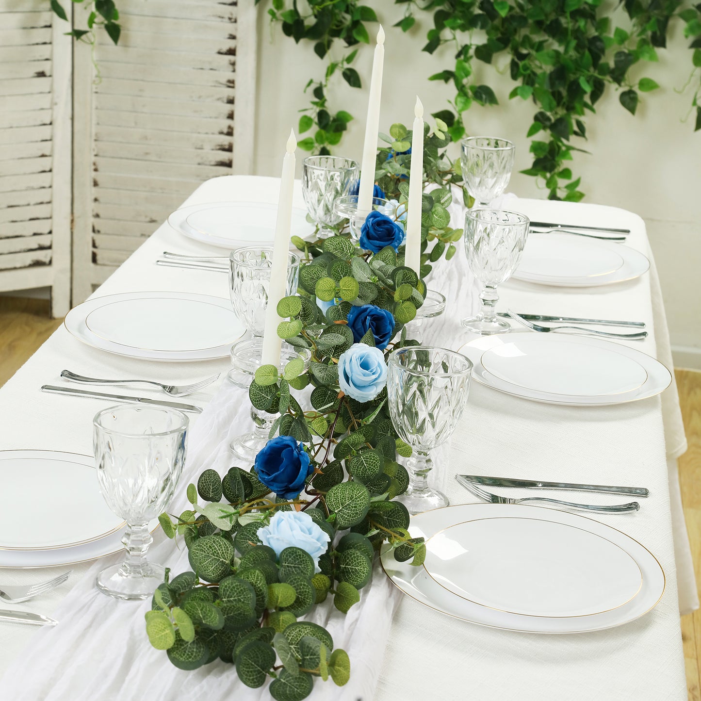 6ft Artificial Eucalyptus Garland with Royal Blue/Light Blue Silk Roses – Faux Greenery Vine