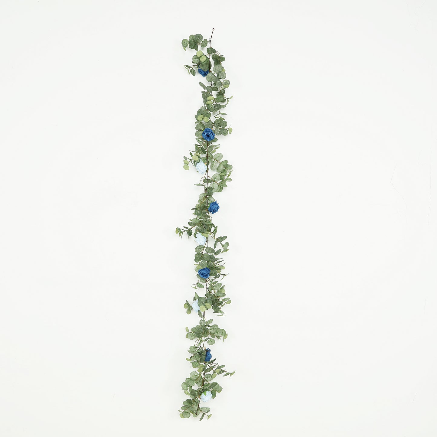6ft Artificial Eucalyptus Garland with Royal Blue/Light Blue Silk Roses – Faux Greenery Vine