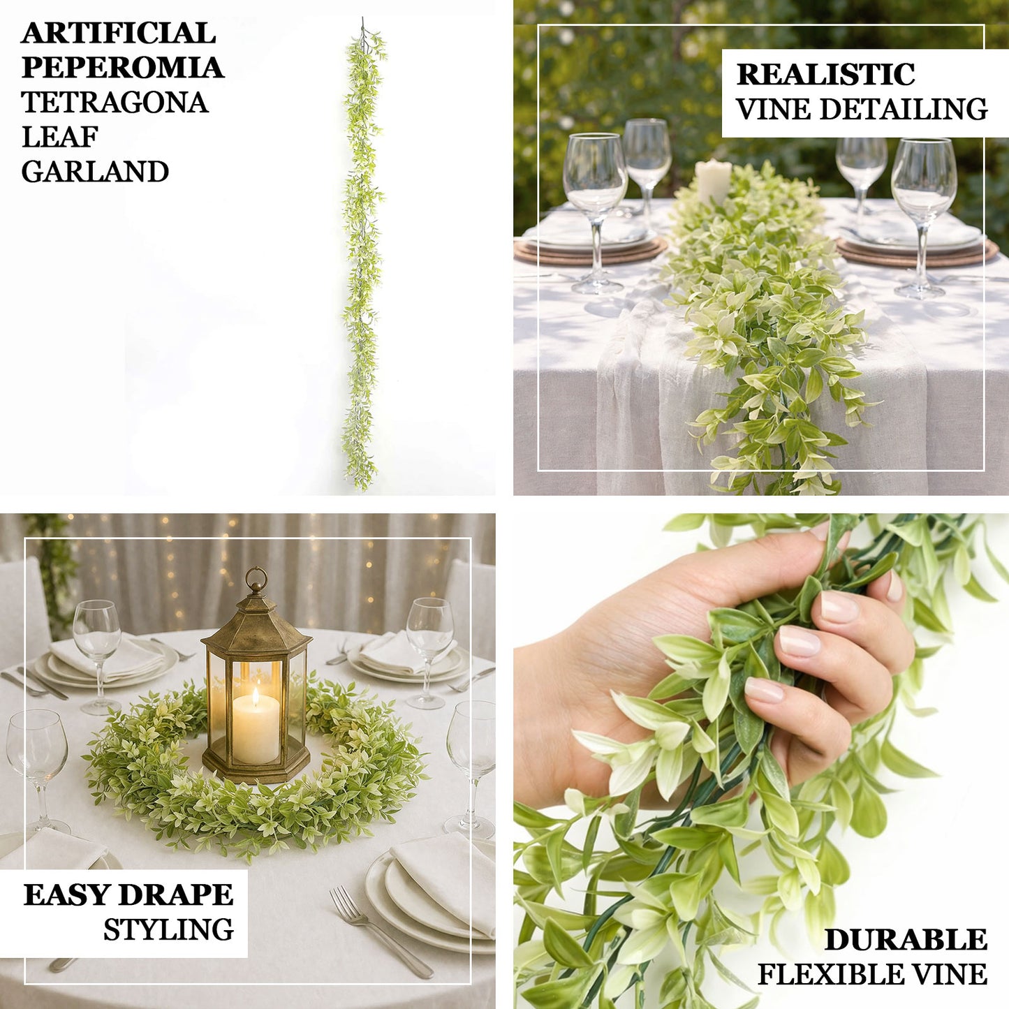 6.5ft green artificial peperomia tetragona leaf garland for table decor.