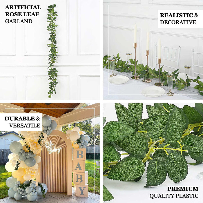 6ft | Real Touch Green Artificial Silk Rose Leaf Hanging Vine, Flexible Greenery Table Garland