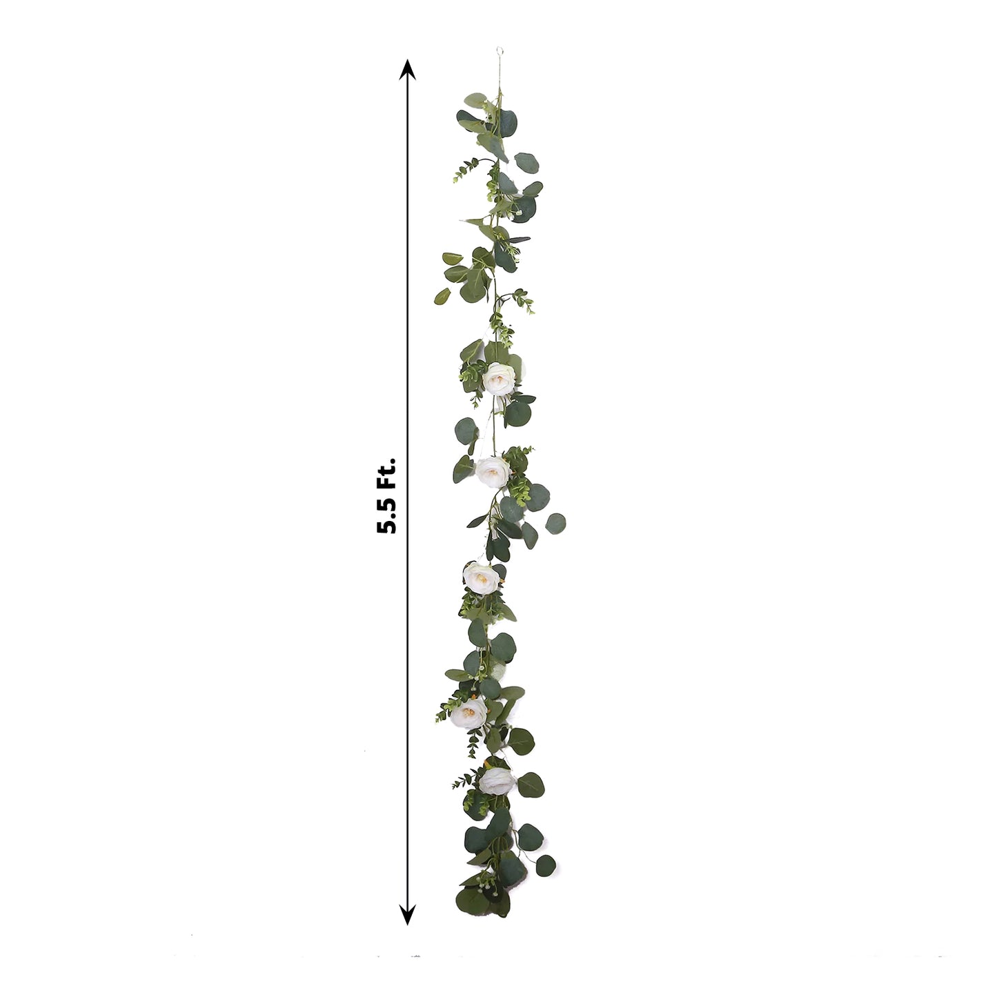 5.5ft Artificial Eucalyptus Leaf Hanging Vines With 7 White Rose Flower Heads, Floral Greenery Table Garland