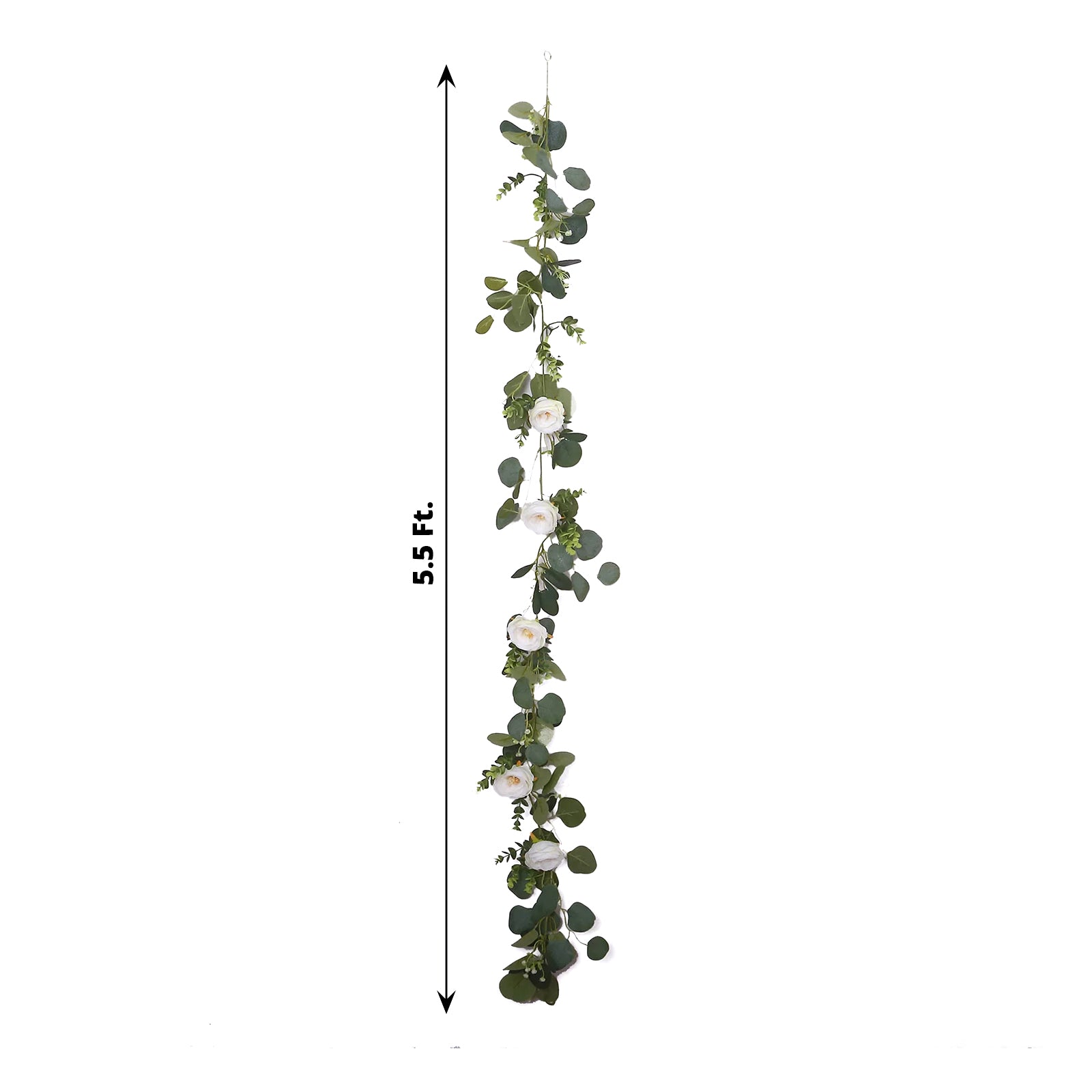 5.5ft Artificial Eucalyptus Leaf Hanging Vines With 7 White Rose Flower Heads, Floral Greenery Table Garland