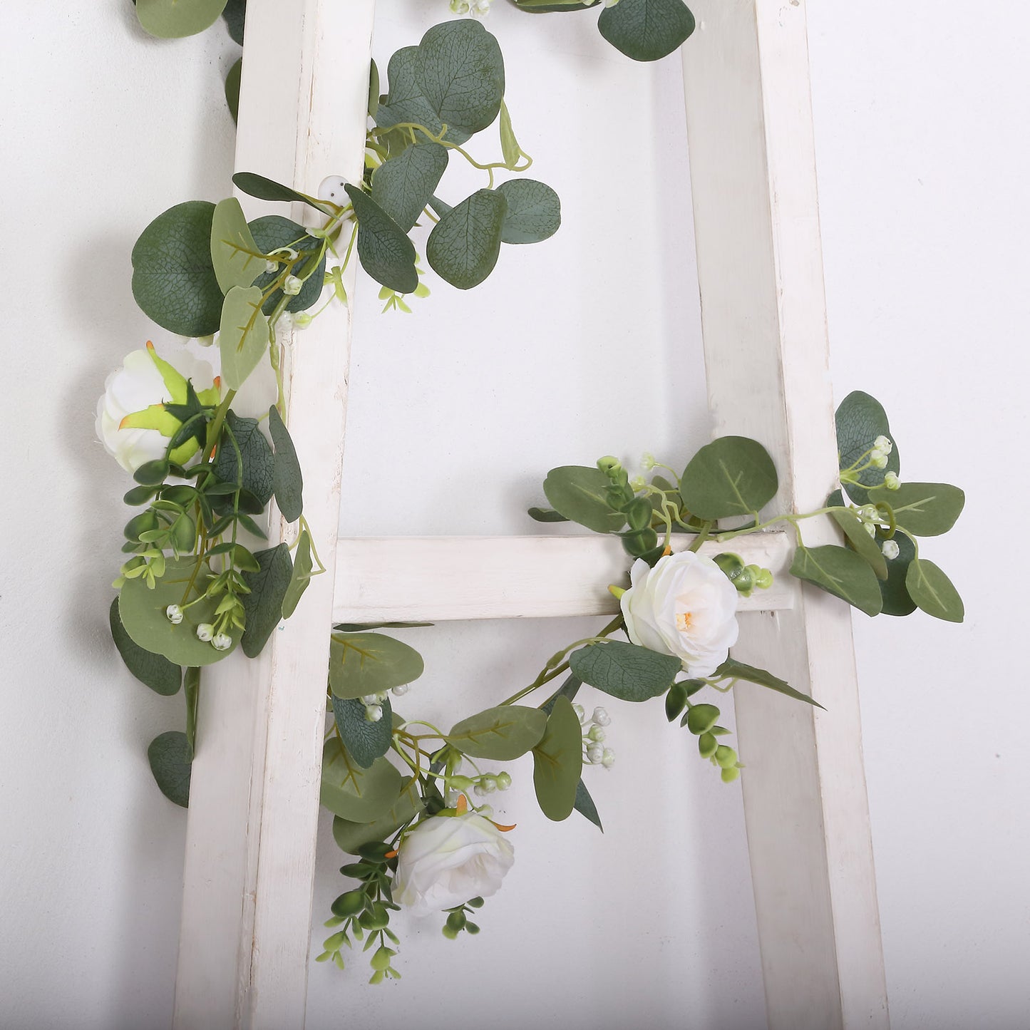 5.5ft Artificial Eucalyptus Leaf Hanging Vines With 7 White Rose Flower Heads, Floral Greenery Table Garland