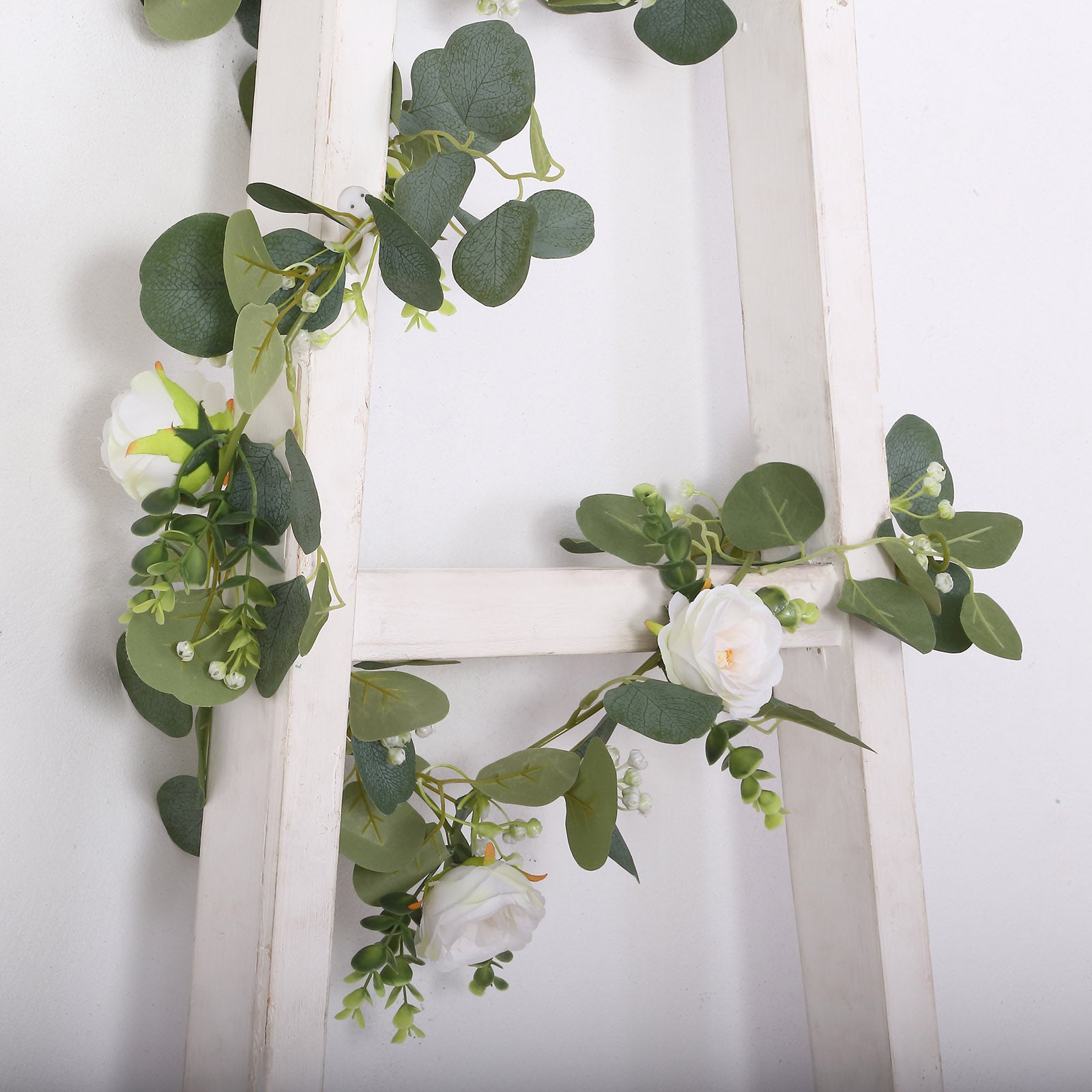 5.5ft Artificial Eucalyptus Leaf Hanging Vines With 7 White Rose Flower Heads, Floral Greenery Table Garland