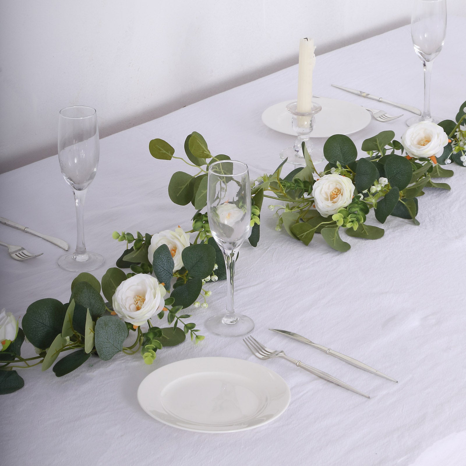 5.5ft Artificial Eucalyptus Leaf Hanging Vines With 7 White Rose Flower Heads, Floral Greenery Table Garland