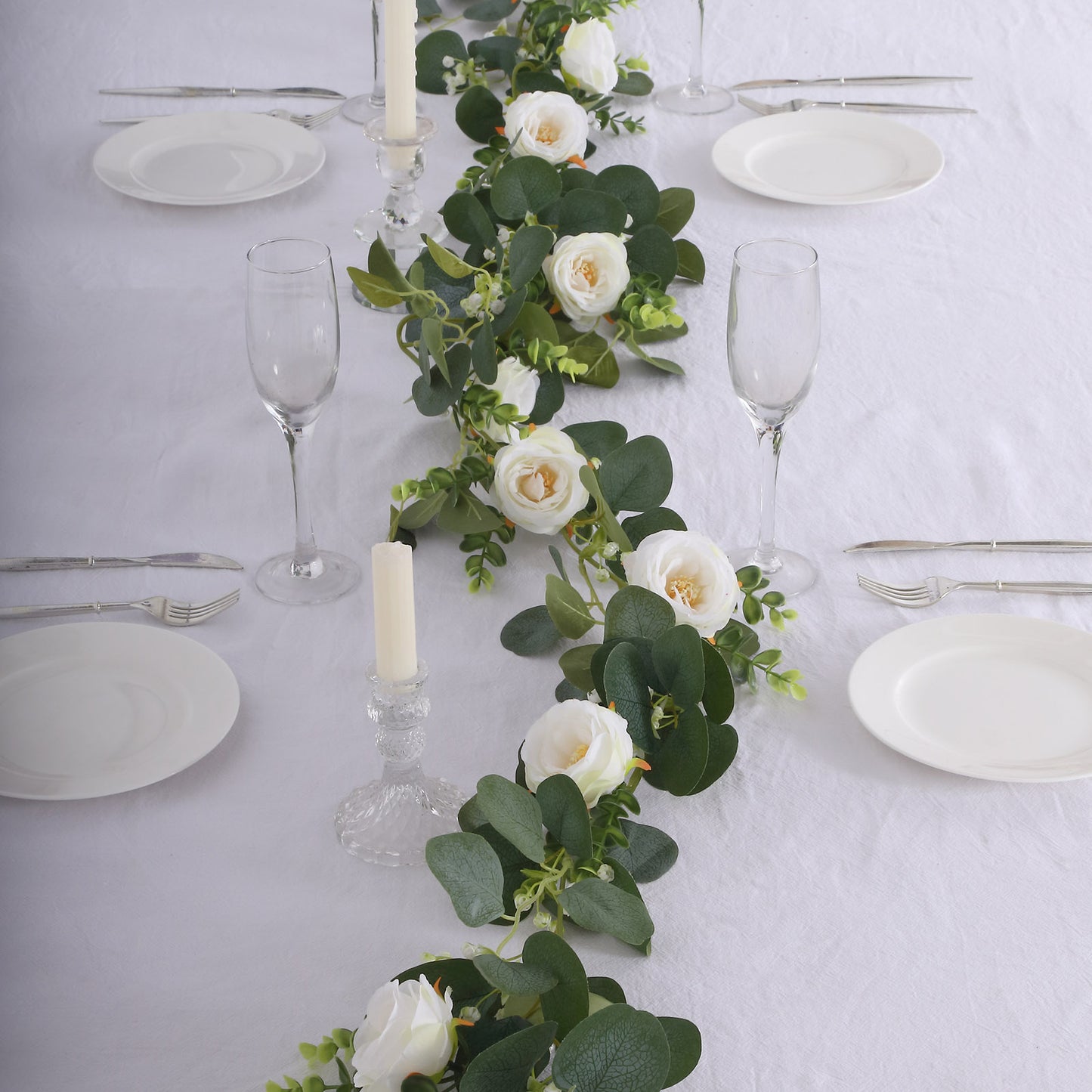 5.5ft Artificial Eucalyptus Leaf Hanging Vines With 7 White Rose Flower Heads, Floral Greenery Table Garland