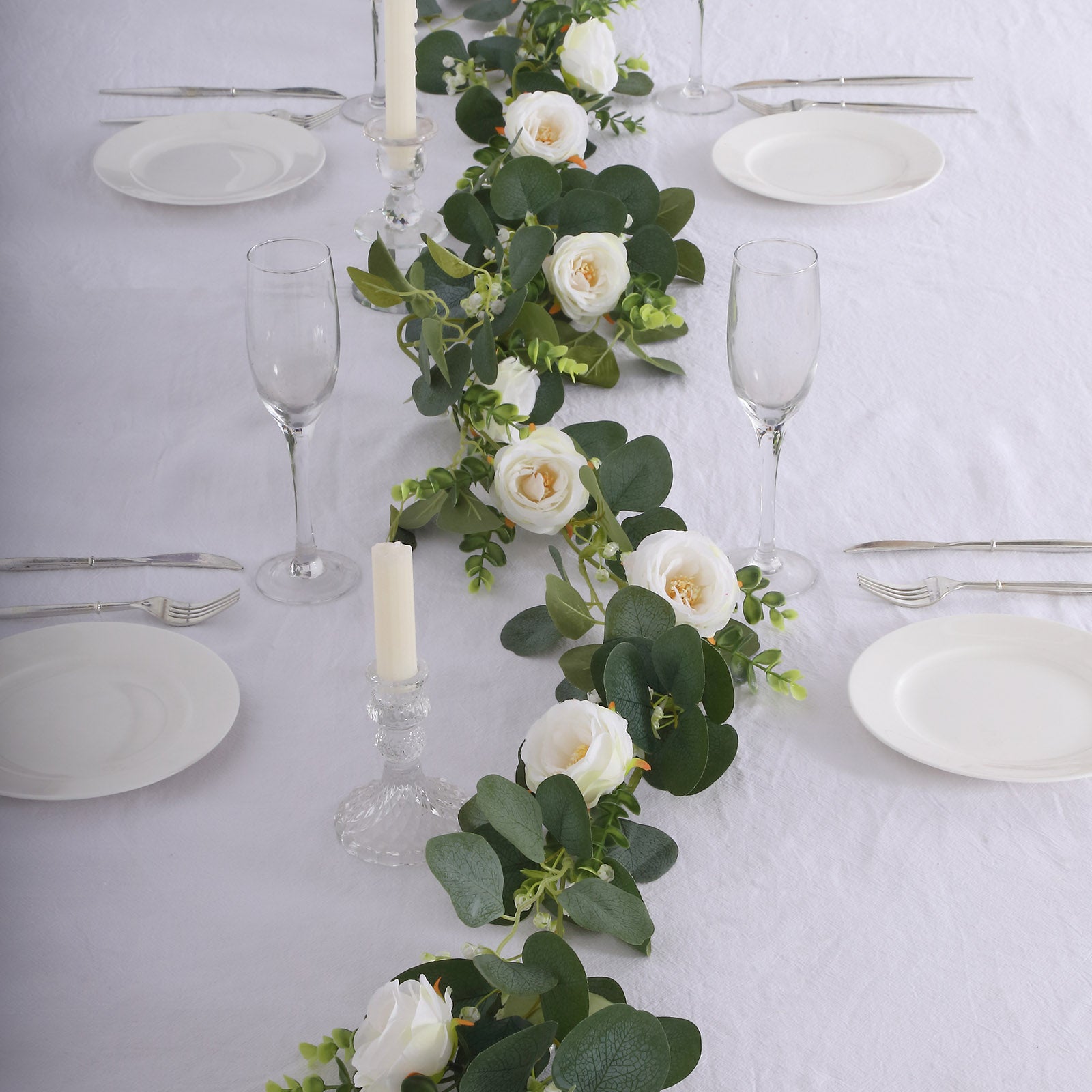 5.5ft Artificial Eucalyptus Leaf Hanging Vines With 7 White Rose Flower Heads, Floral Greenery Table Garland