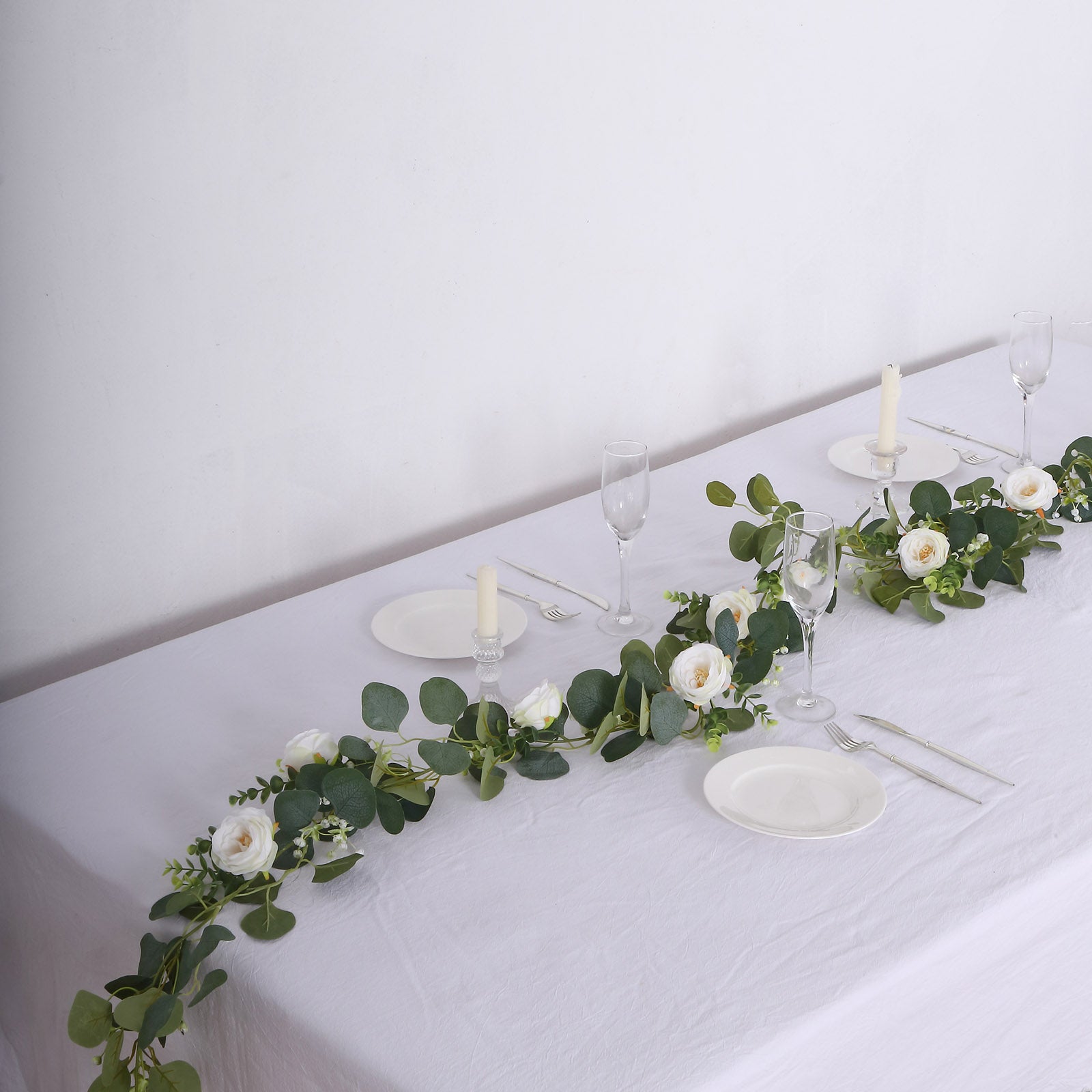 5.5ft Artificial Eucalyptus Leaf Hanging Vines With 7 White Rose Flower Heads, Floral Greenery Table Garland