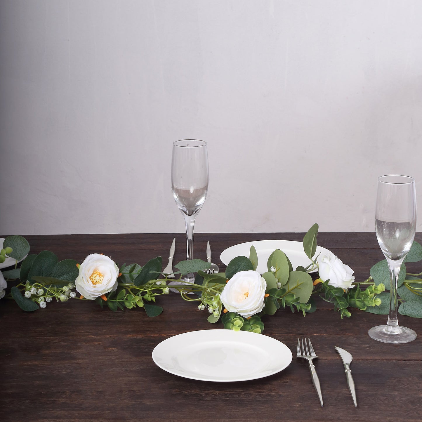 5.5ft Artificial Eucalyptus Leaf Hanging Vines With 7 White Rose Flower Heads, Floral Greenery Table Garland