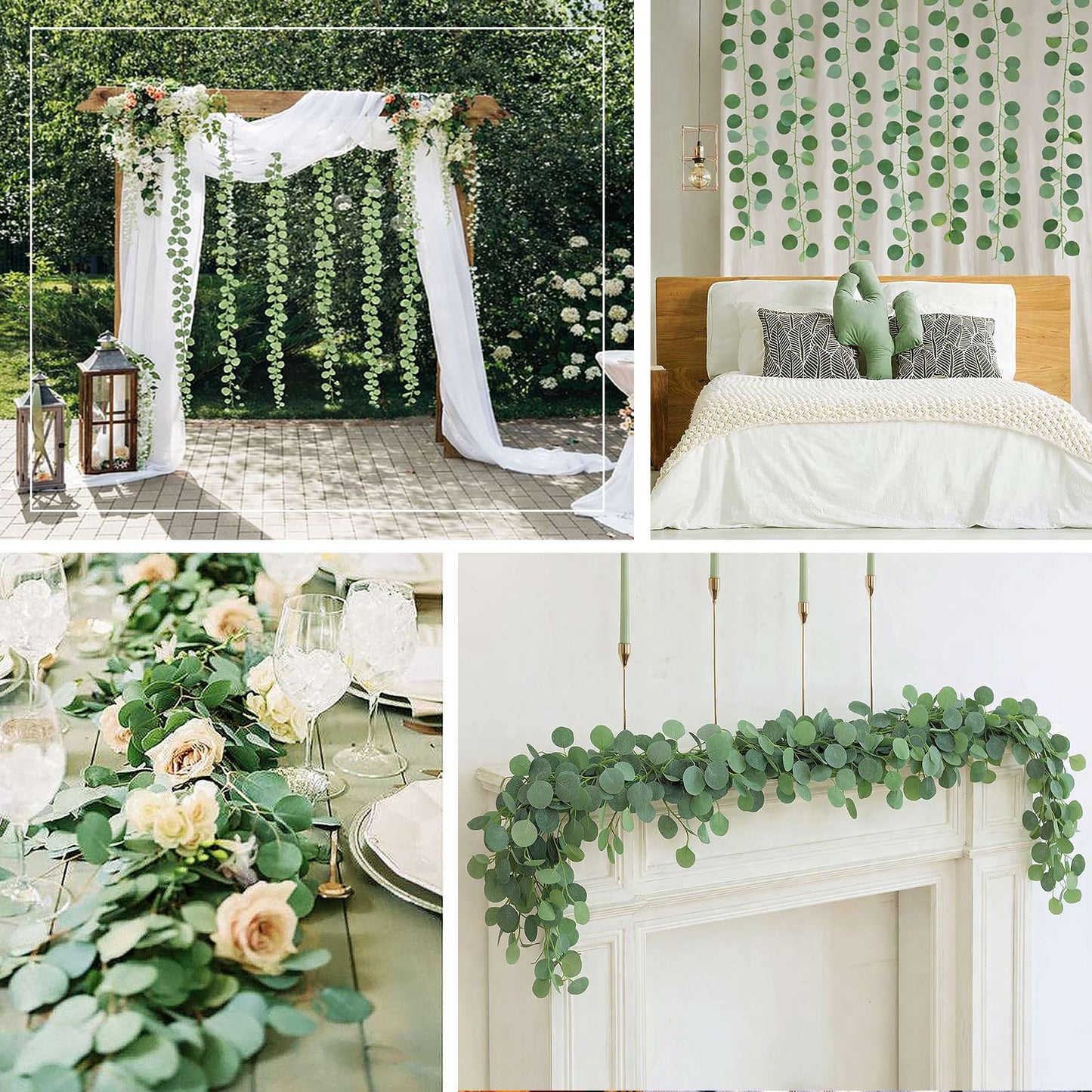 Green artificial eucalyptus leaves garland for decor in various settings.
