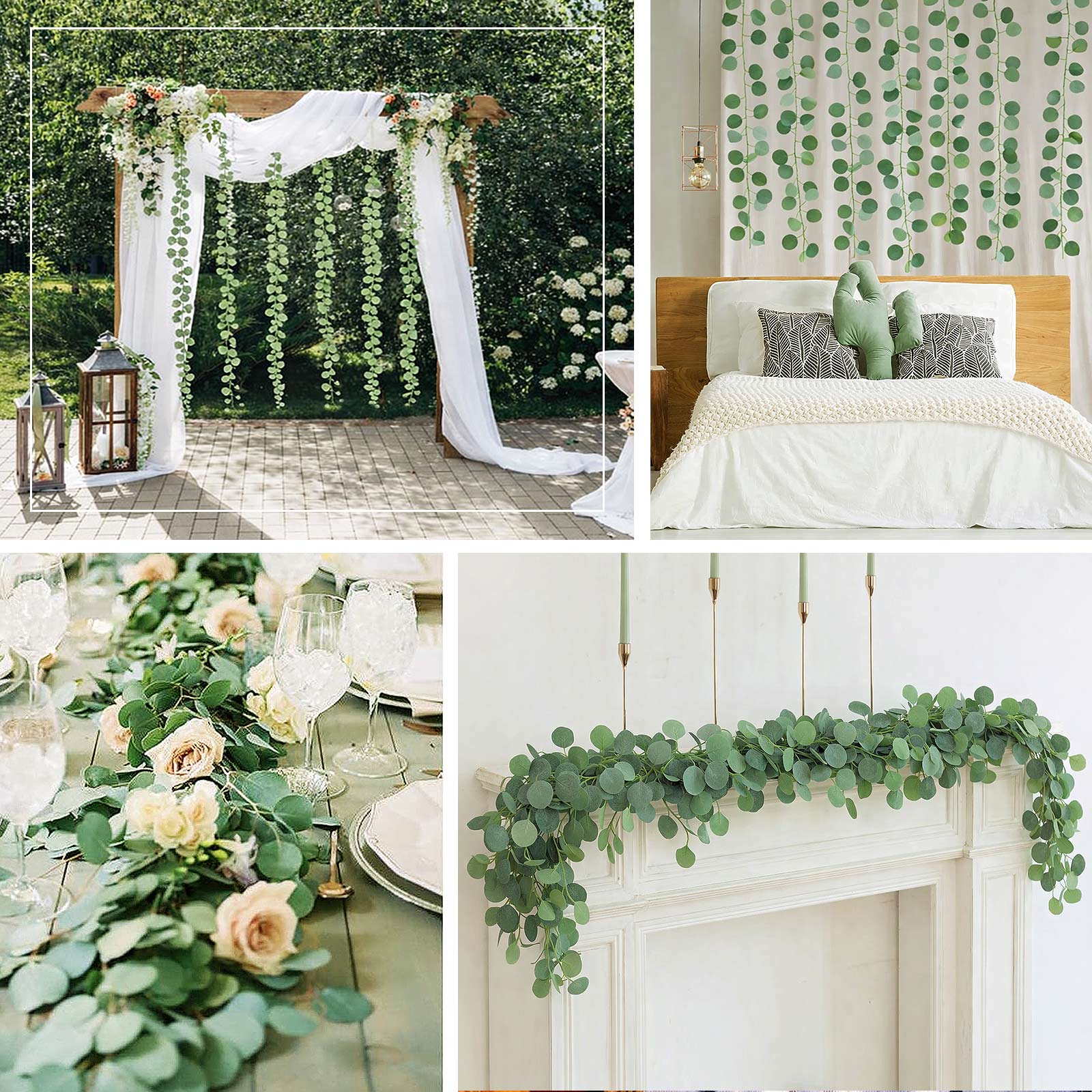 Green artificial eucalyptus leaves garland for decor in various settings.