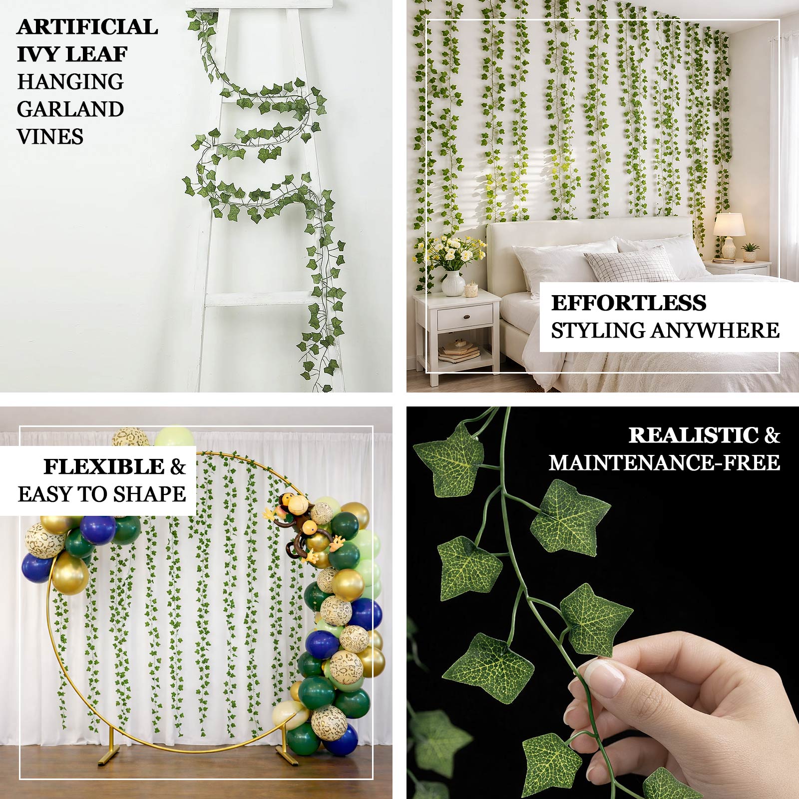 12 Pack 6.5ft green artificial ivy leaf garland for decor and events.