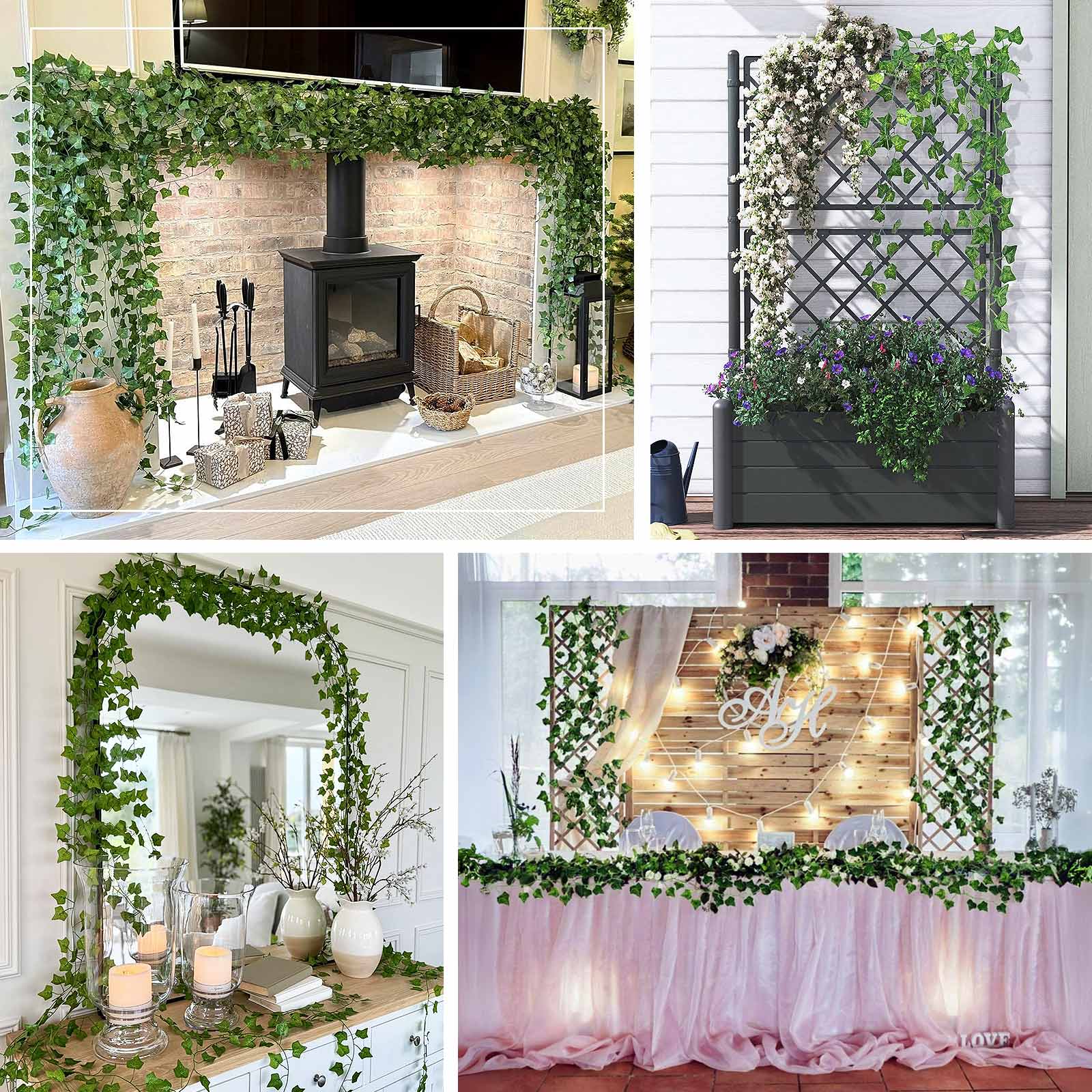 12 Pack 6.5ft artificial ivy leaf garland in green for decor and events.